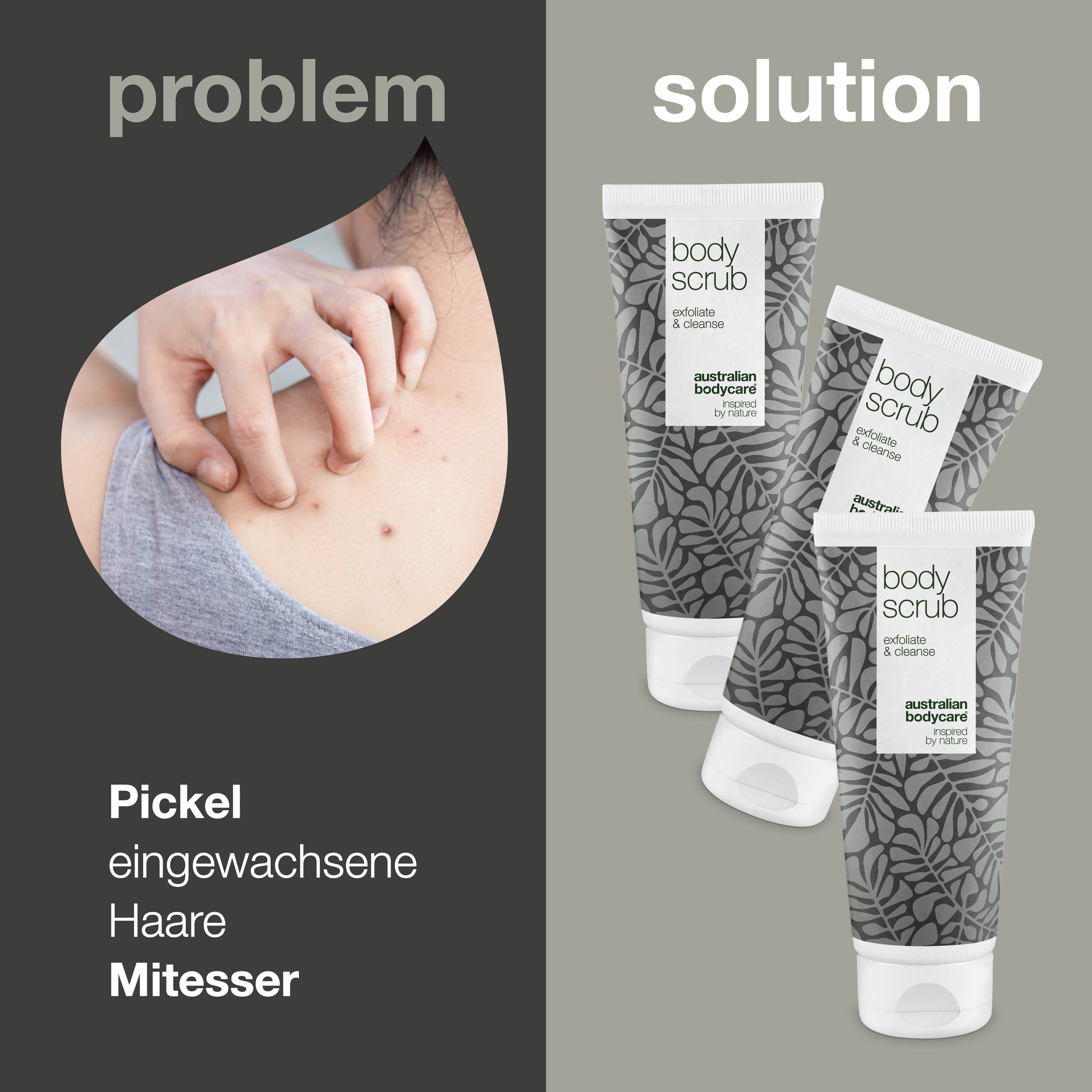 Drei Tuben „Body Scrub“, „Body Wash“ und „Body Lotion“. Braune Flüssigkeit. „Australian Bodycare“. 100% recycelbare Verpackung.