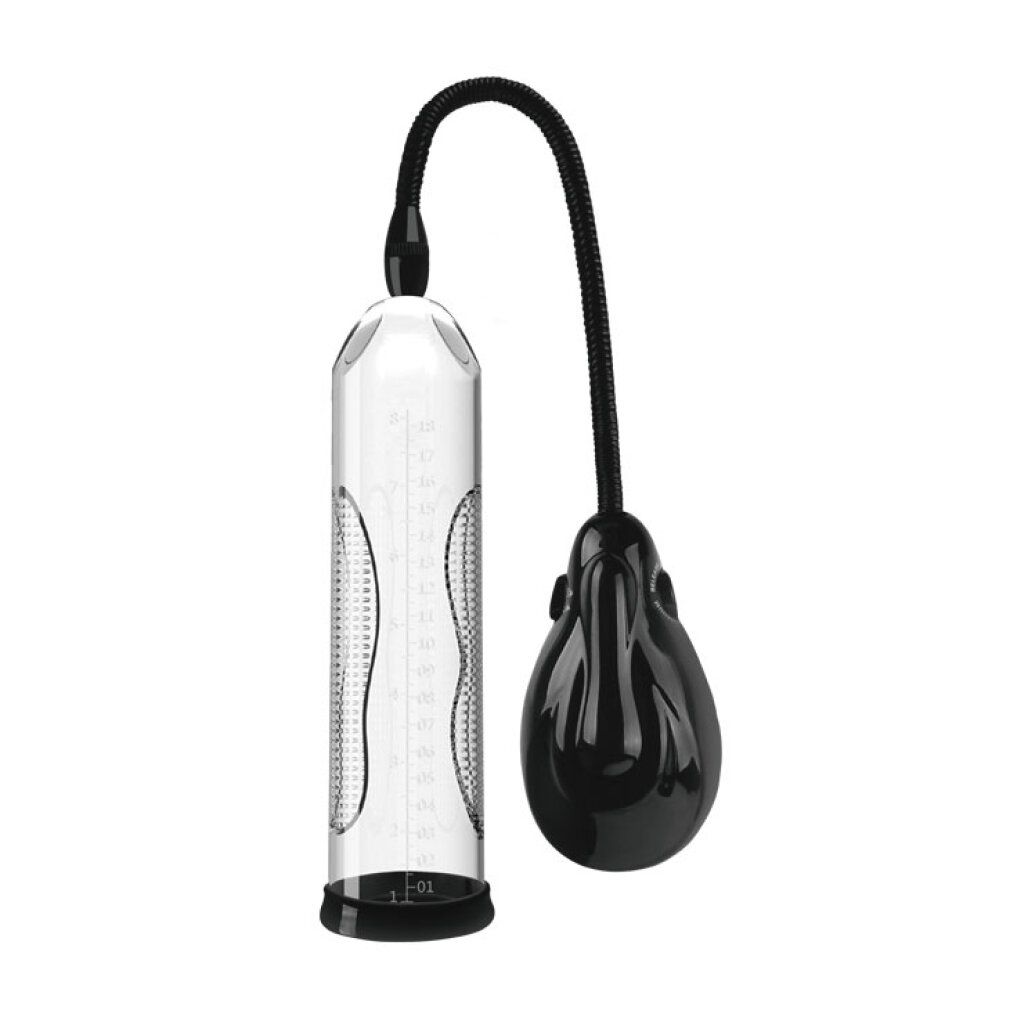 Penis Pumpe mit transparentem Zylinder, schwarzem Schlauch und Pumpe. Zylinder mit Messskala. Schwarze Basis.