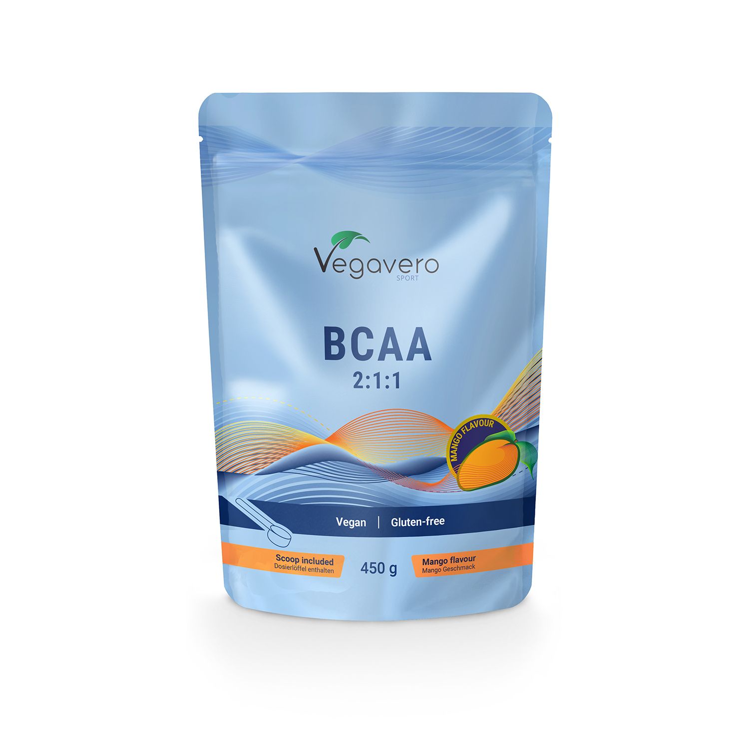 Beutel mit BCAA Pulver. Aufschrift: Vegavaro, BCAA 2:1:1, Mango Flavour, Vegan, Gluten-frei. Enthält einen Messlöffel. Gewicht: 450 g.