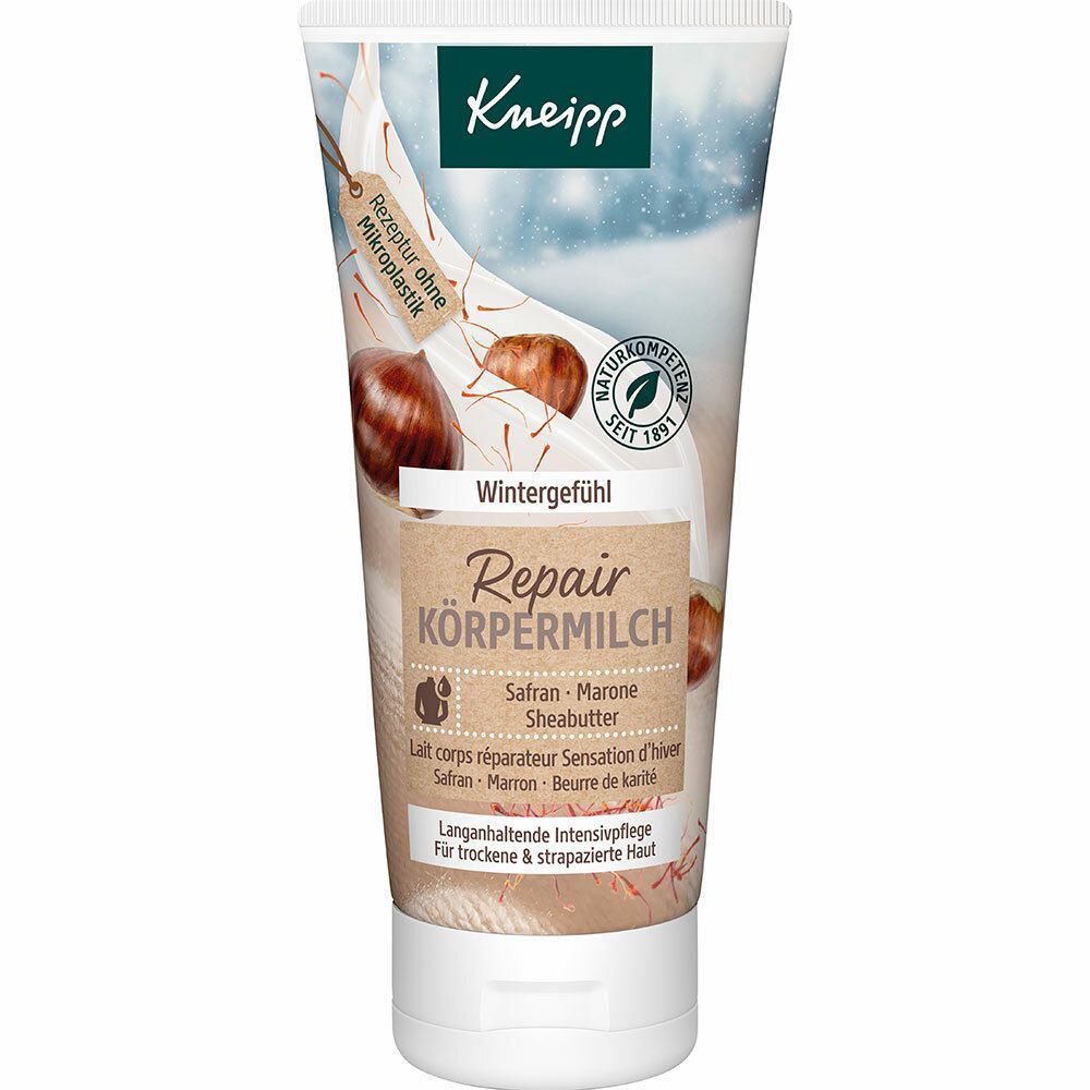 Kneipp Repair Körpermilch Wintergefühl Tube. Hauptmerkmale: Safran, Marone, Sheabutter. Naturkompetenz-Siegel. Rezeptur ohne Mikroplastik.
