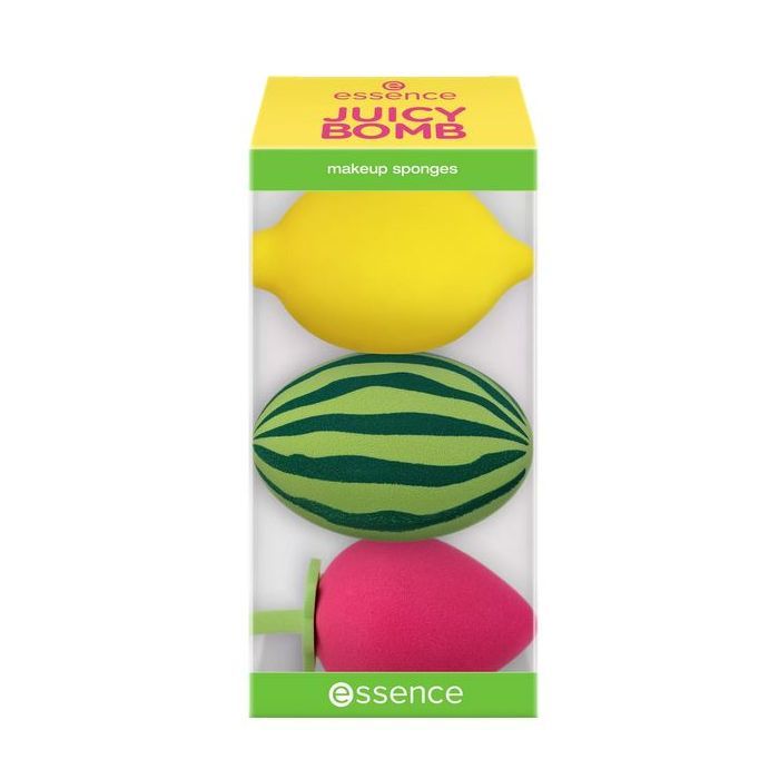Drei Make-up-Schwämme in Fruchtformen: Zitrone, Wassermelone und Erdbeere. Verpackt in einer transparenten Box mit gelbem Deckel.