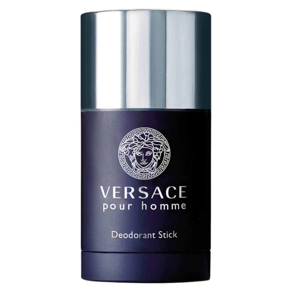 Deostick mit silberner Kappe. Logo und Schriftzug "VERSACE pour homme" und "Deodorant Stick".