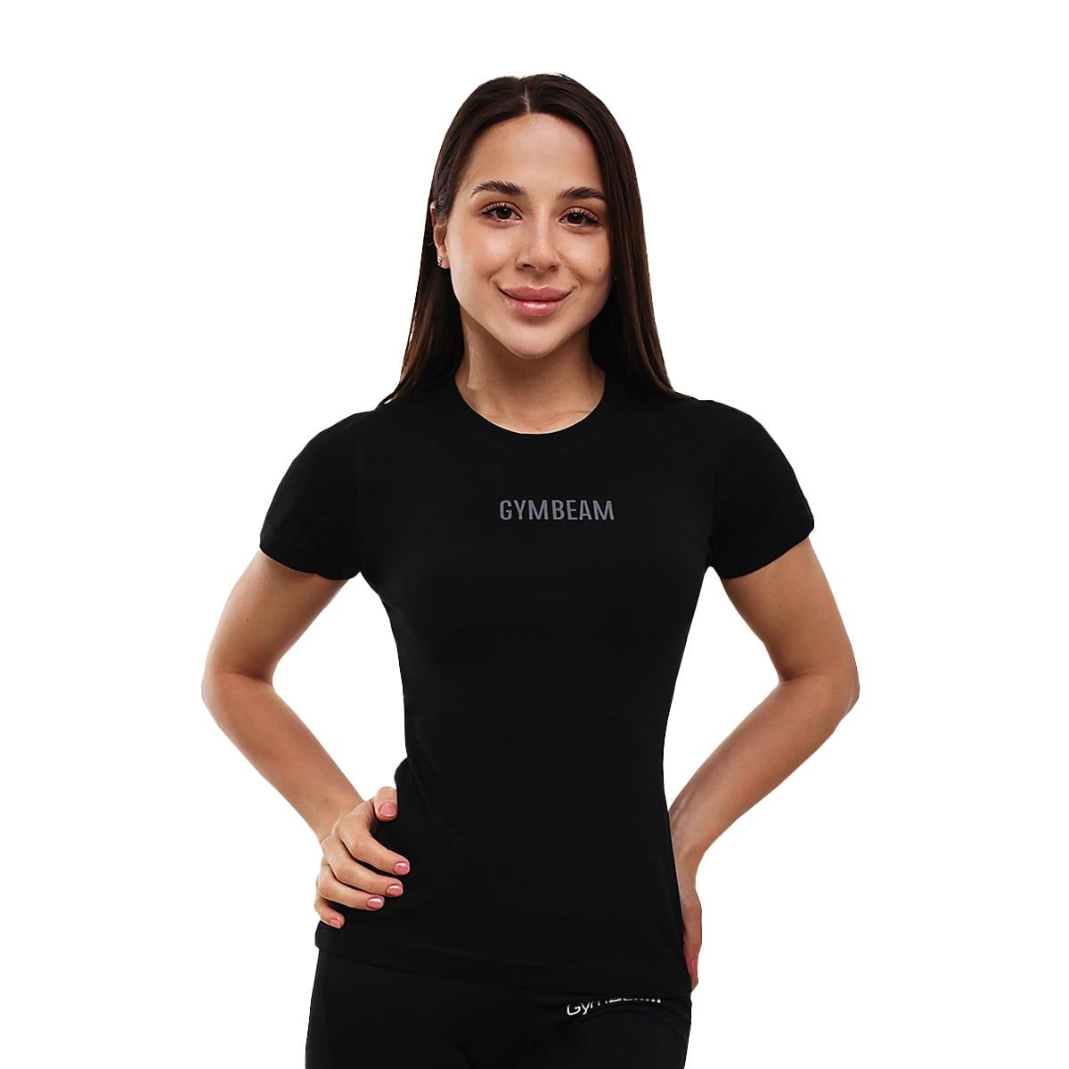 Schwarzes, eng anliegendes Damen-T-Shirt mit kurzem Arm und dezentem "GYMBEAM"-Logo auf der Brust.