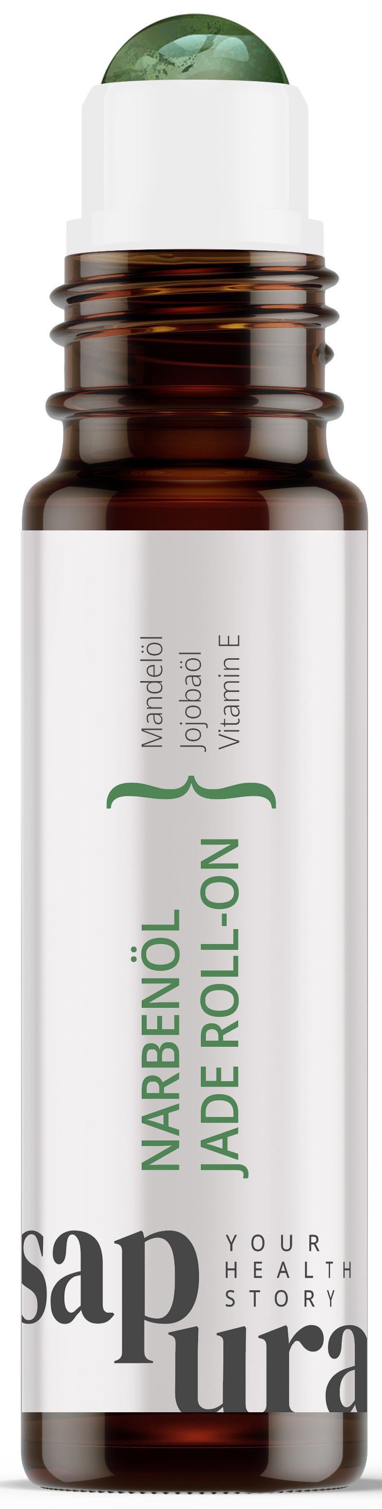 Braune Glasflasche mit weißem Etikett. Text: Narbenöl Jade Roll-On. Inhaltsstoffe: Mandelöl, Jojobaöl, Vitamin E.