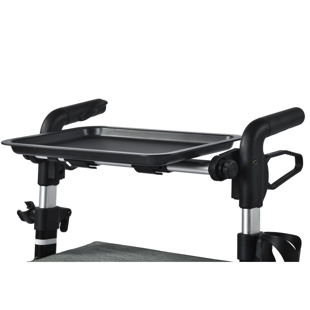 Schwarzes Tablett für Rollator. Rechteckig mit erhöhtem Rand. Montiert an einem Rollator mit Griffen und Halterungen.