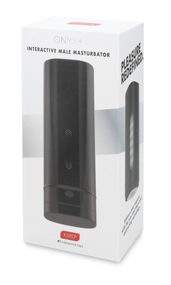 Verpackung des Kiiroo Onyx+ Masturbators mit Produktabbildung und Text.