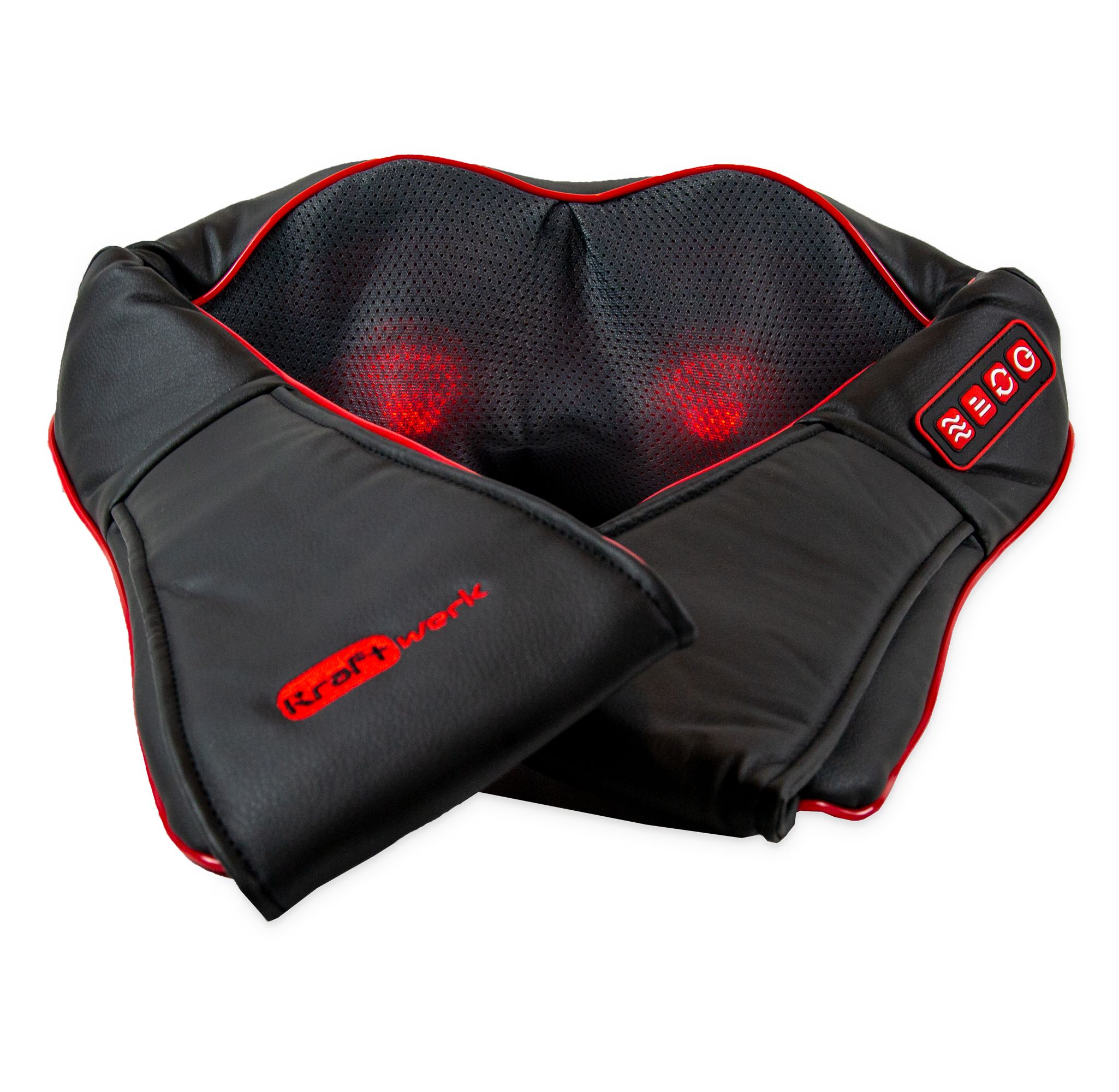 Schwarzes Nackenmassagegerät mit roter Umrandung. Rote LED-Lichter. Steuerungstasten.