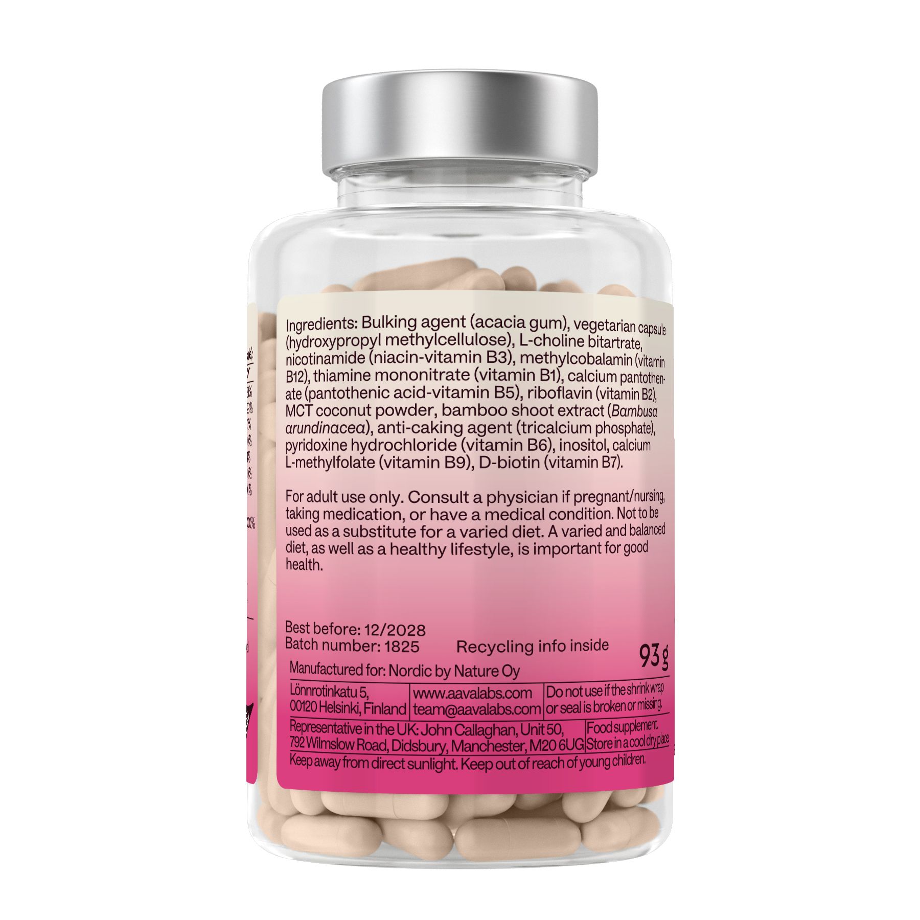 Rückseite der Flasche mit Inhaltsstoffen und Nährwertangaben. Rosa Etikett mit Text.