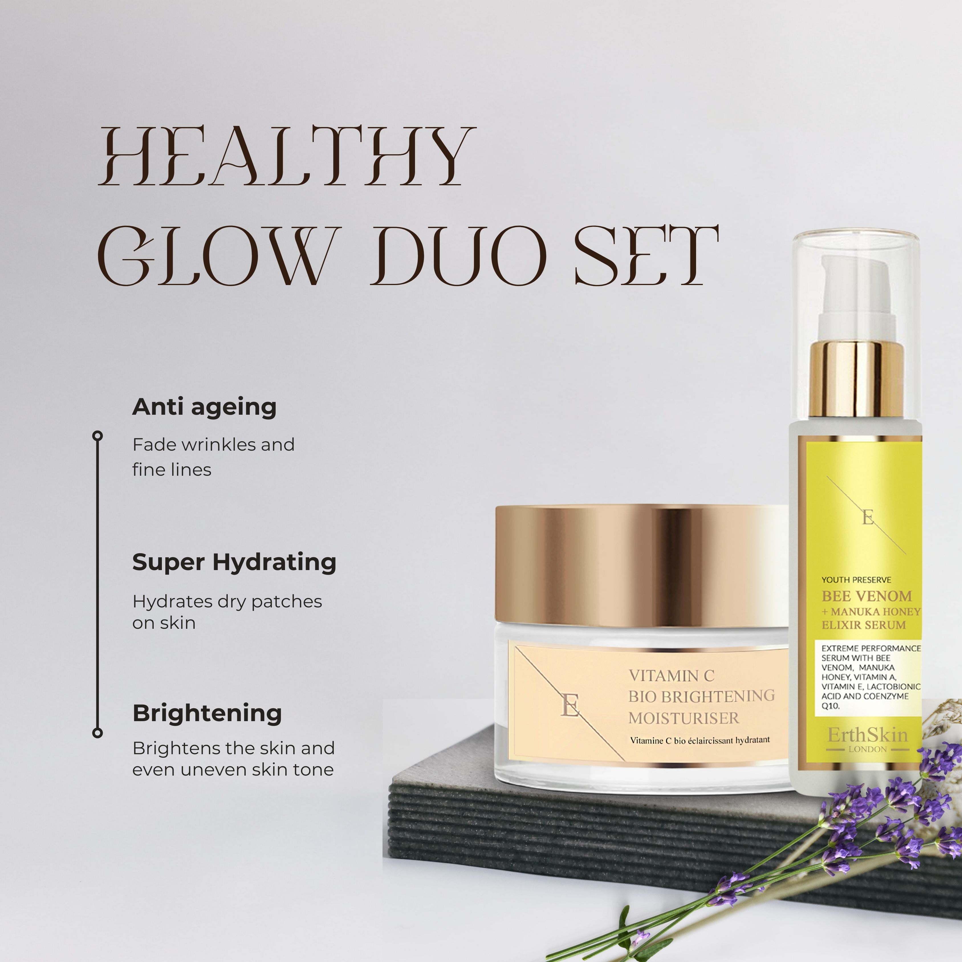 Hautpflege-Set mit Feuchtigkeitscreme und Serum, beworben für Anti-Aging und Aufhellung.