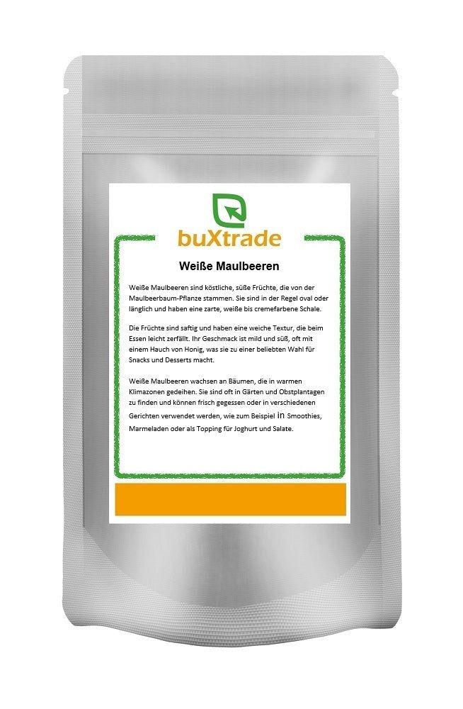 Beutel mit weißem Etikett. Aufschrift: buXtrade Weiße Maulbeeren. Text über die Früchte.