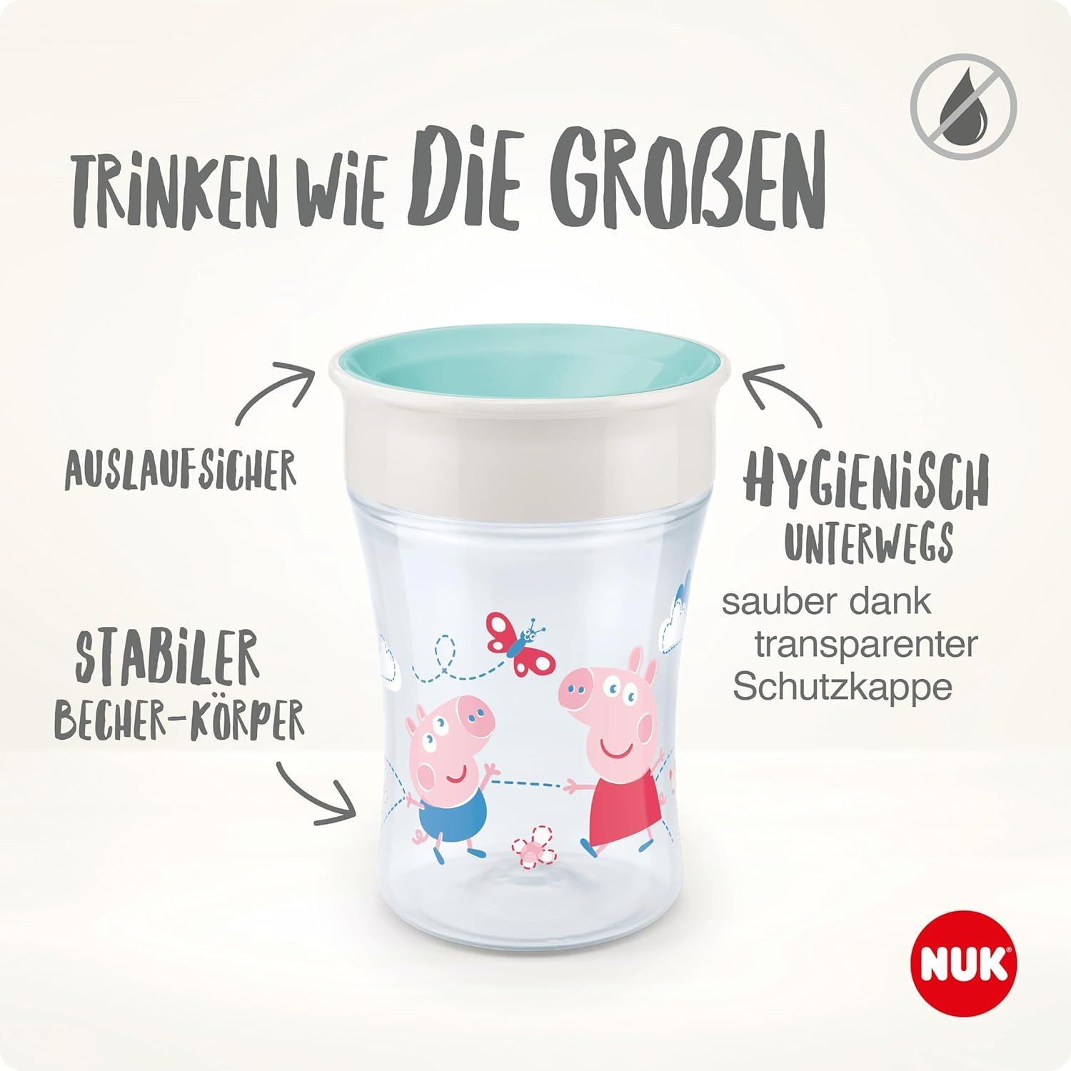 Trinkbecher mit Peppa Wutz-Motiv. Türkis-farbener Rand, weißer Deckel, transparenter Becher. Auslaufsicher, hygienisch.