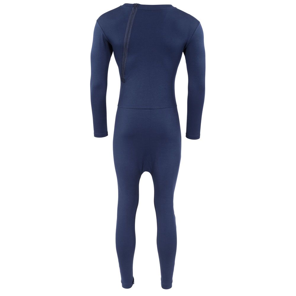 Rückansicht eines blauen Pflegeoveralls. Ein Reißverschluss verläuft vom Nacken bis zum Schritt.