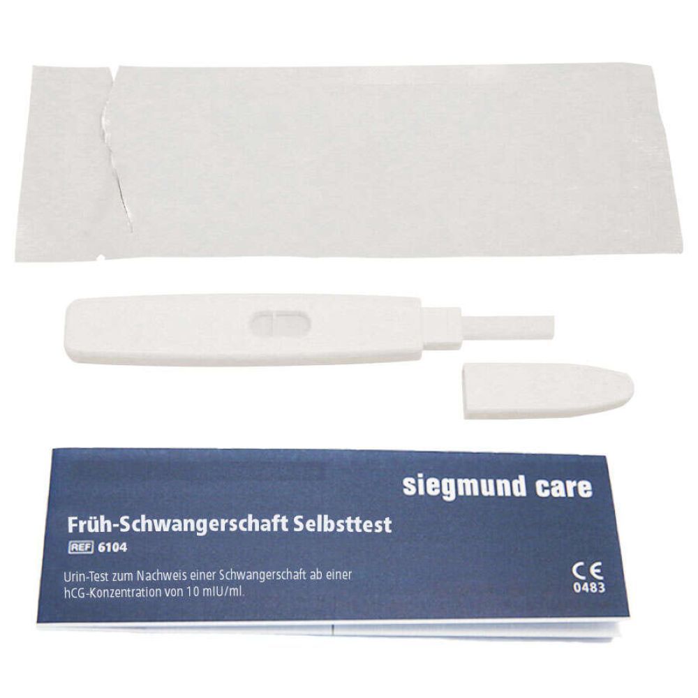 Früh-Schwangerschaft Selbsttest, weißes Gehäuse, blaue Verpackung mit Text: siegmund care, CE-Kennzeichnung.