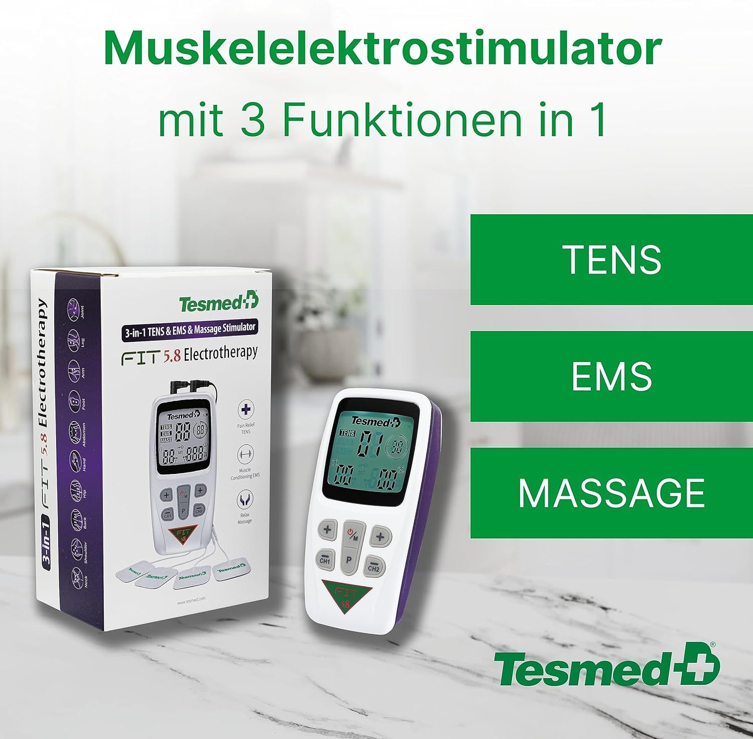 Fit 5.8 TENS/EMS: 3-in-1 Reizstromgerät, Schmerzlinderung, Training, Massage, inkl. 8 Elektroden