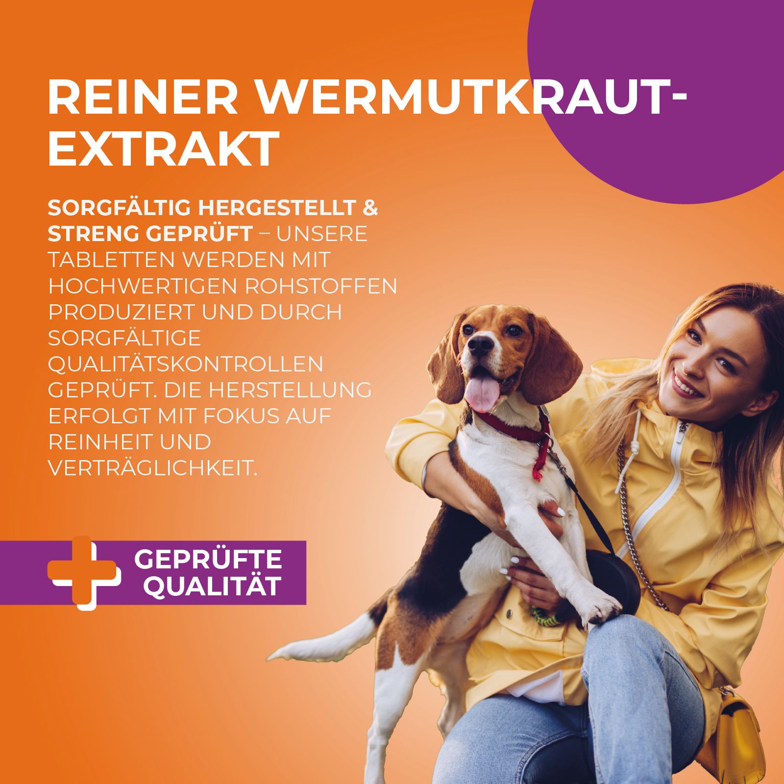 Frau umarmt einen Beagle. Text: "Reiner Wermutkraut-Extrakt". Geprüfte Qualität. Orangefarbener Hintergrund.