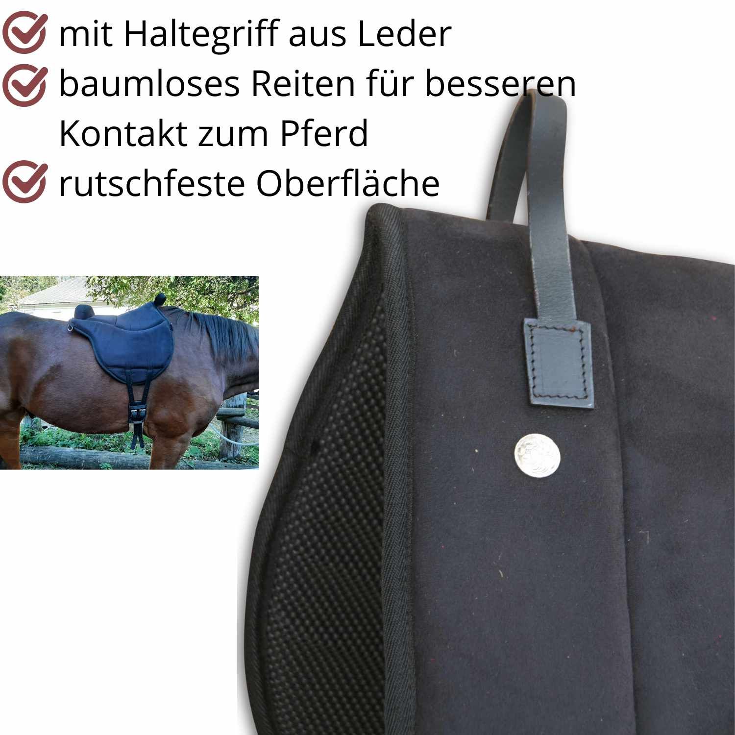 Schwarzes Reitkissen mit Ledergriff. Text: mit Haltegriff aus Leder, baumloses Reiten, rutschfeste Oberfläche. Pferd mit Kissen.