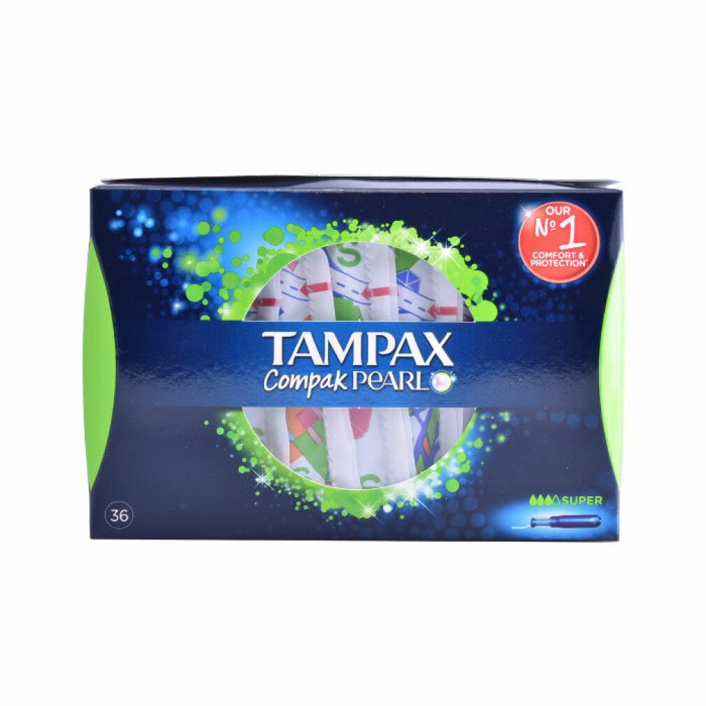 Tampax Compak Pearl Super, 36 Stück. Verpackung mit Tampons. Blaue Verpackung mit grünen Akzenten und Produktlogo.
