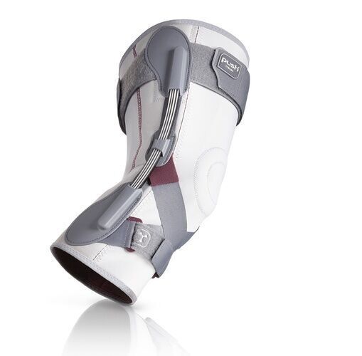 Kniebandage, grau-weiß. Mit seitlichen Schienen und Klettverschlüssen. Produktansicht.