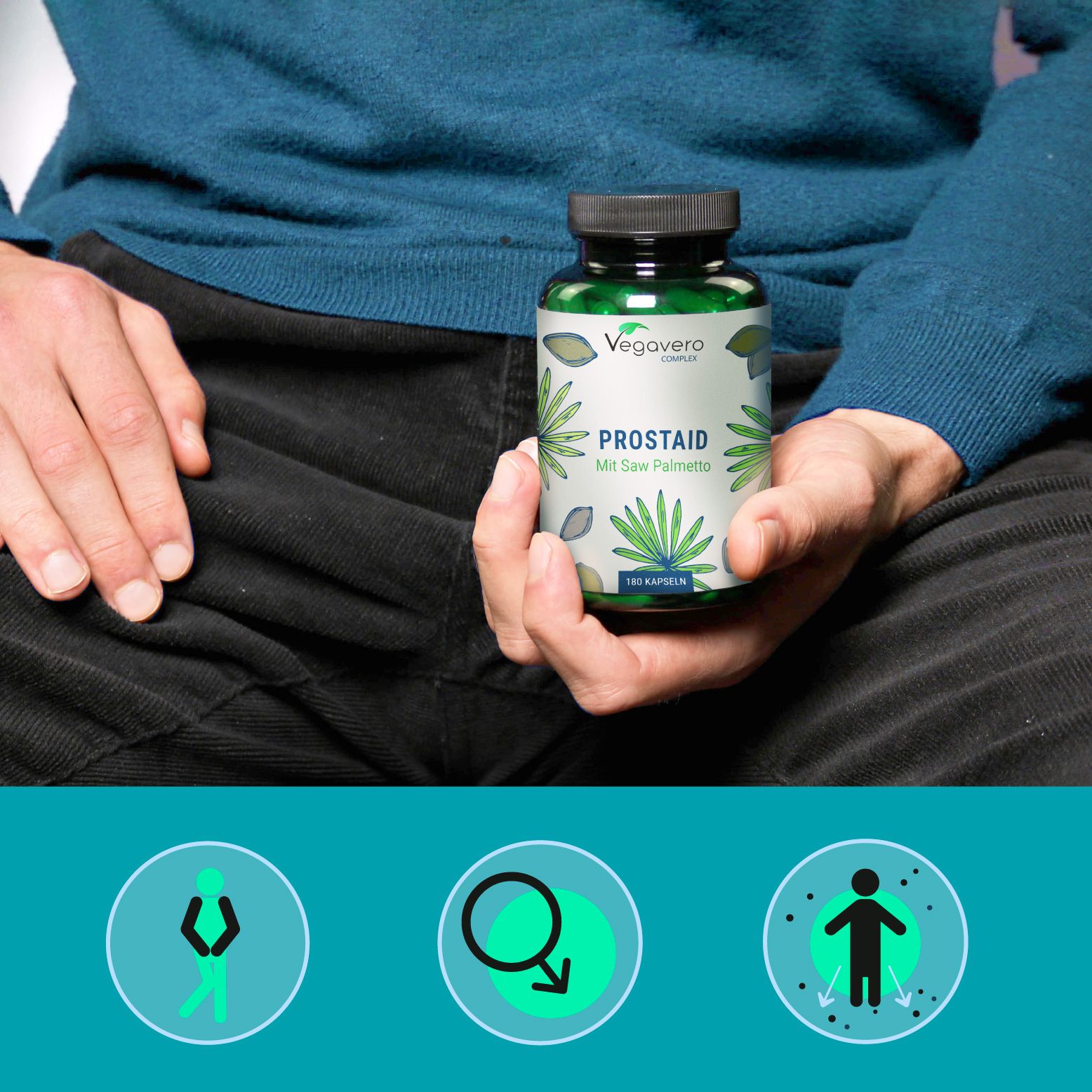 Person hält eine Flasche. Aufschrift: PROSTAID Mit Saw Palmetto. 180 Kapseln. Vegavaro-Logo. Drei Piktogramme unten.