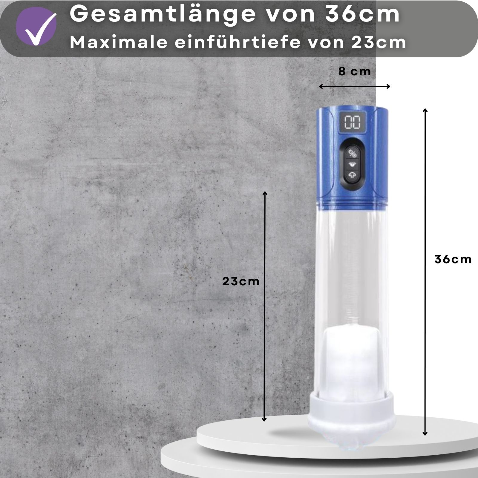 Penispumpe mit Maßen: 36cm Länge, 23cm Tiefe, 8cm Breite. Digitales Display. Blau-transparente Ausführung.