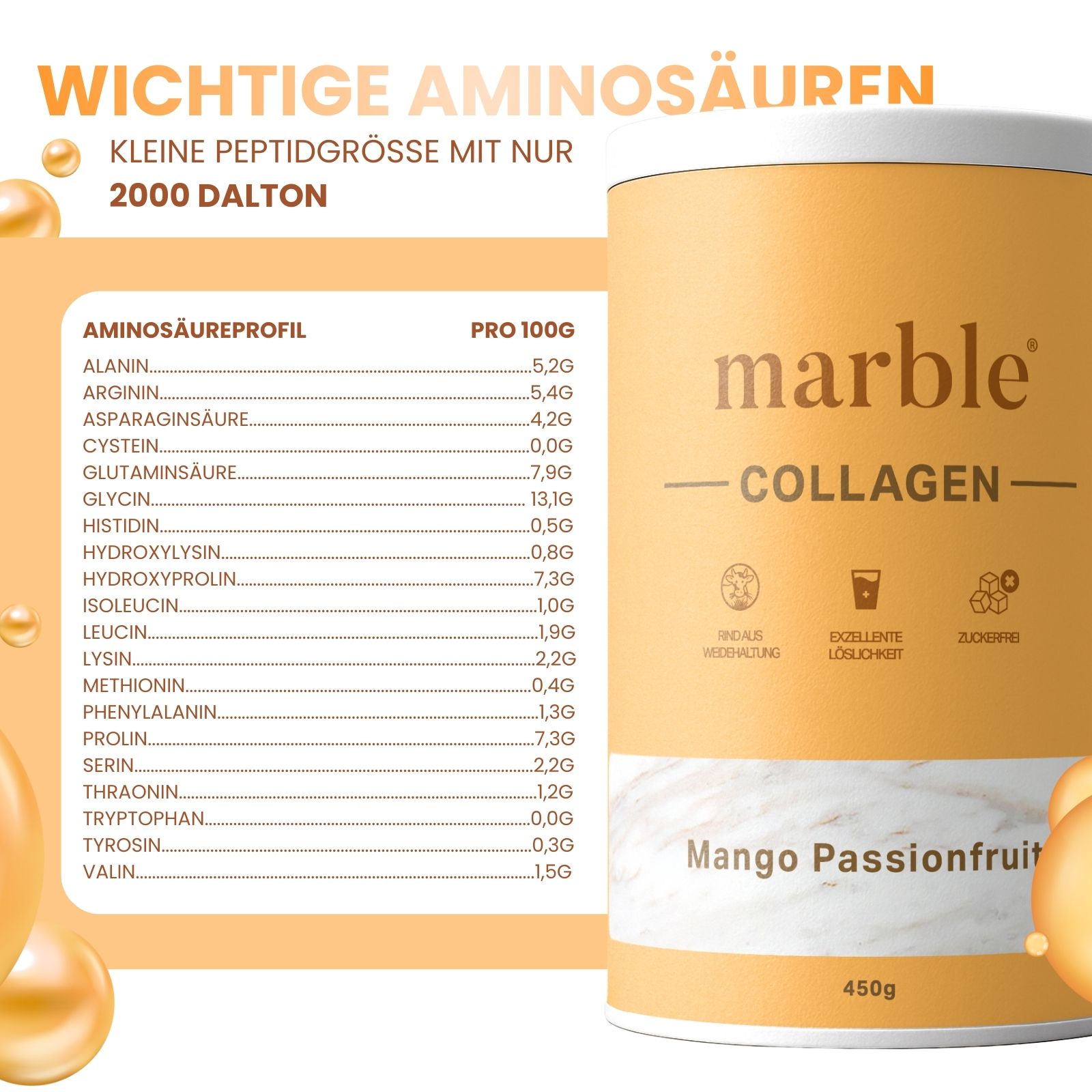 Dose marble Collagen, Mango-Passionfruit. Aminosäureprofil. Kleine Peptidgröße mit nur 2000 Dalton. 450g.