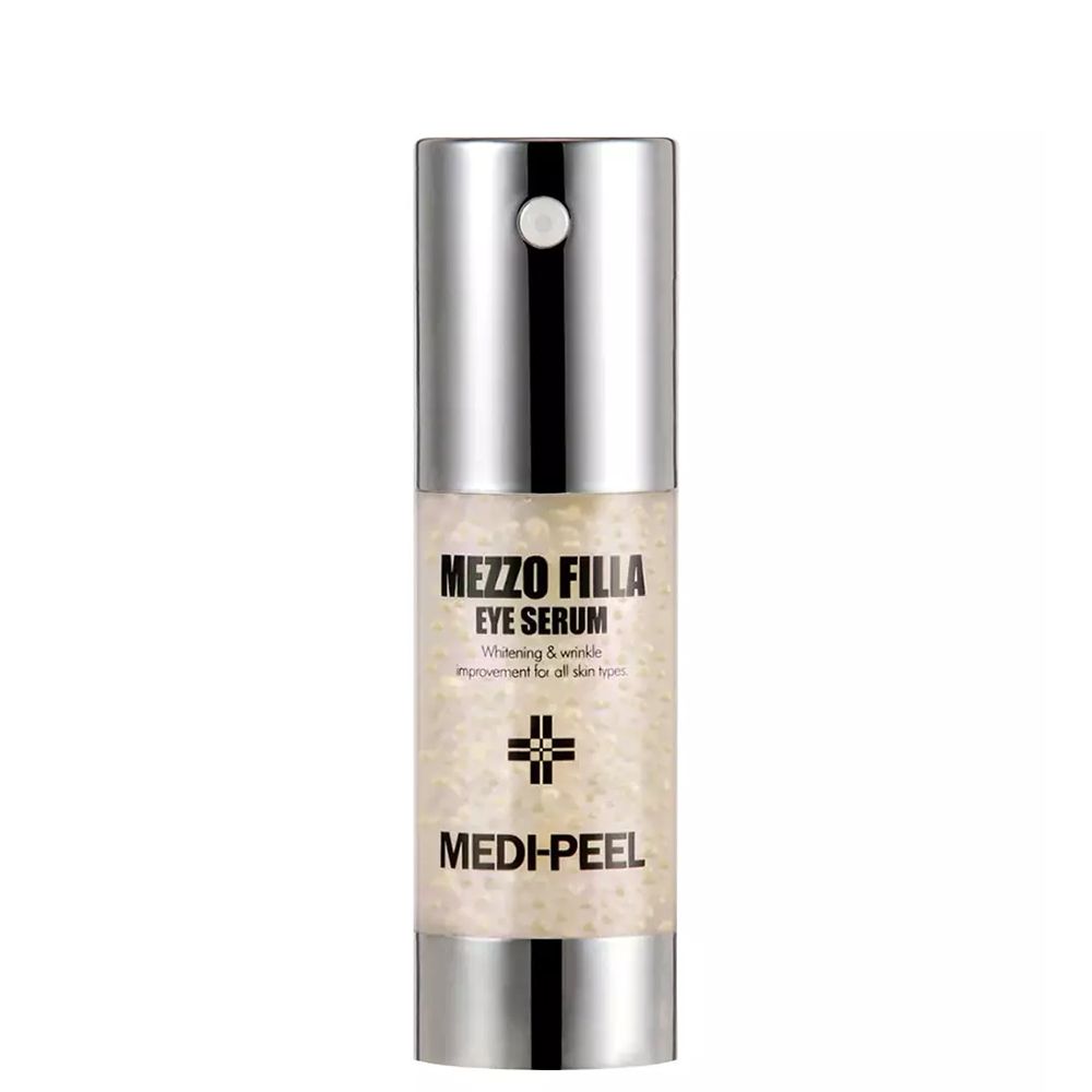 Mezzo Filla Eye Serum von Medi-Peel in einem silbernen Spender mit sichtbarem Inhalt.