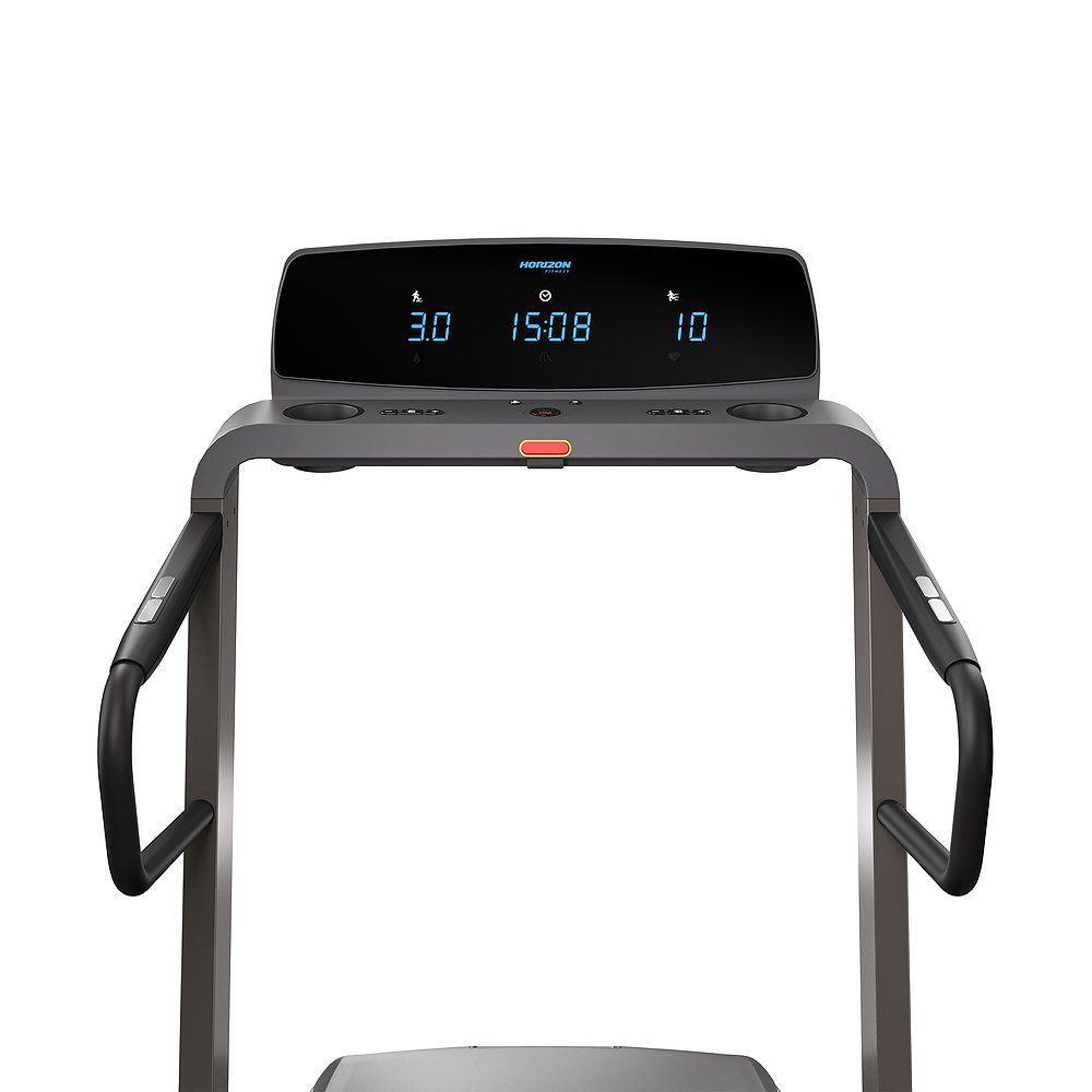 Laufband-Display mit Zahlen. Haltegriffe. Horizon-Logo. Schwarze Oberfläche.