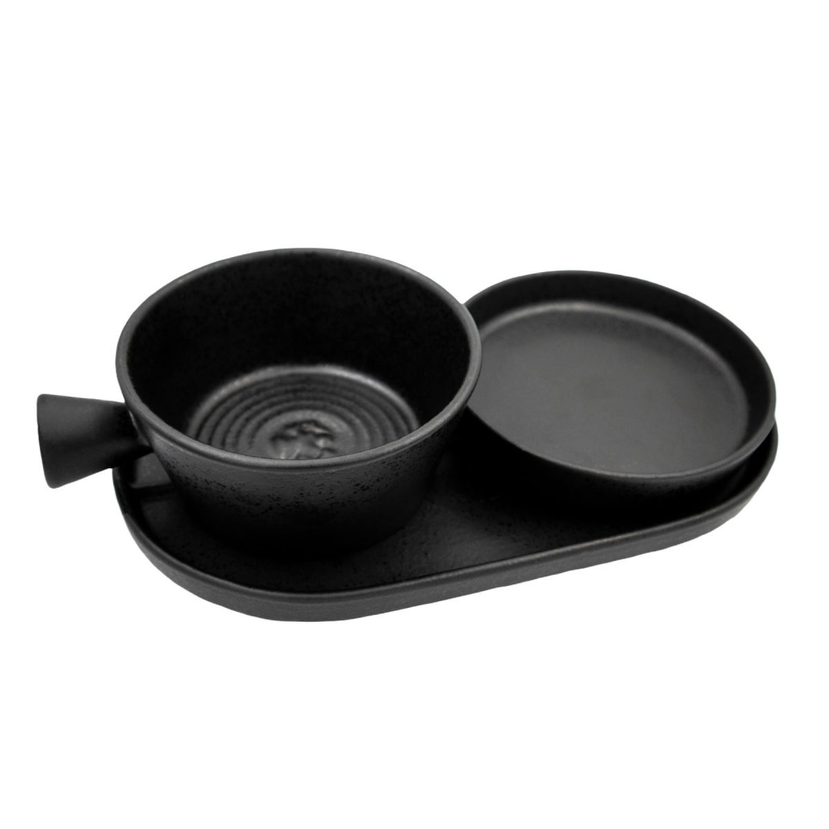 Schwarze Rasierschale mit Griff, kleiner Schale und länglicher Ablage. Keramik. Geriffelte Innenfläche der Schale.