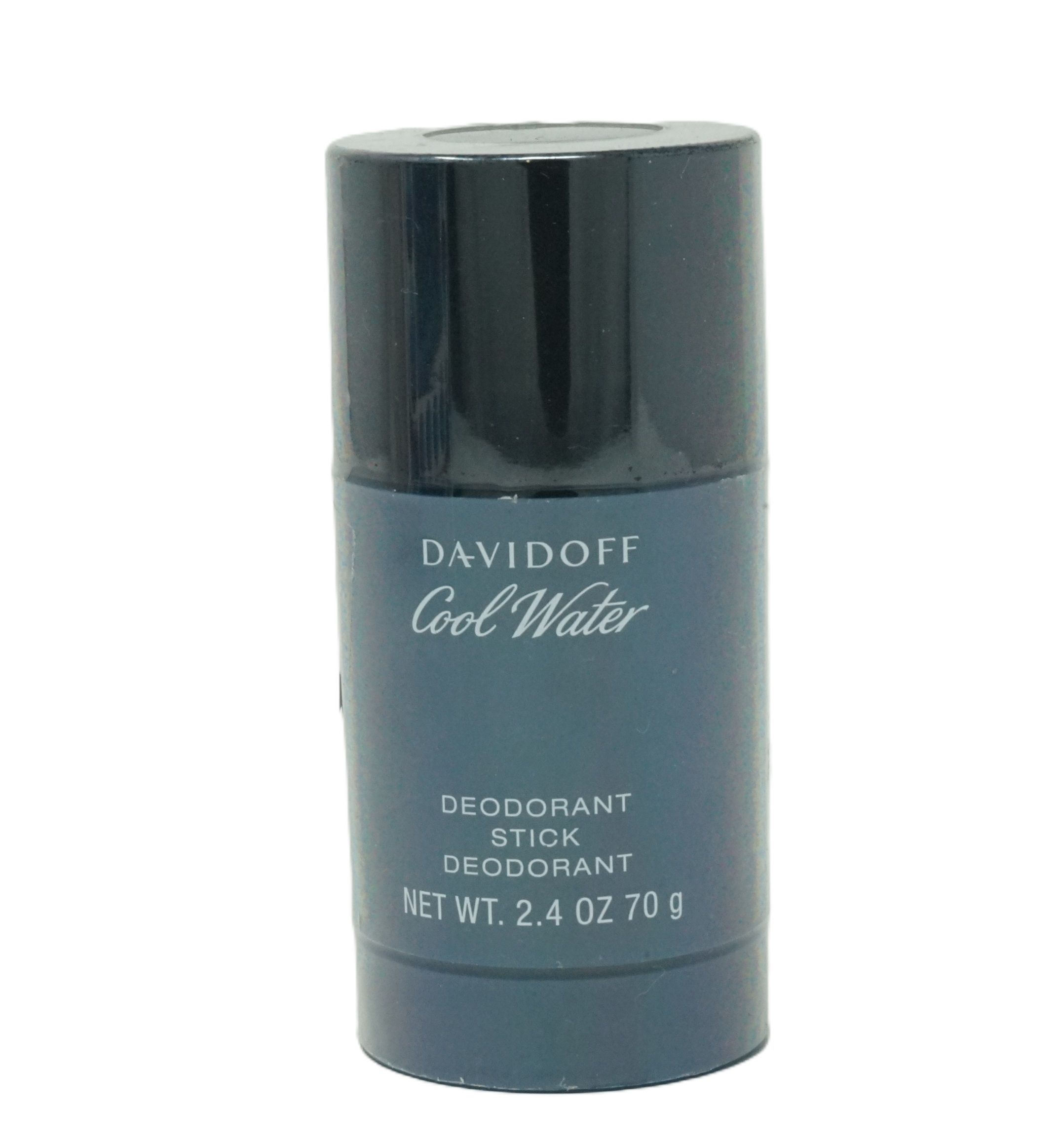 Davidoff Cool Water Deodorant Stick. Zylindrische Form, blau und schwarz. Produktbezeichnung und Nettogewicht aufgedruckt.