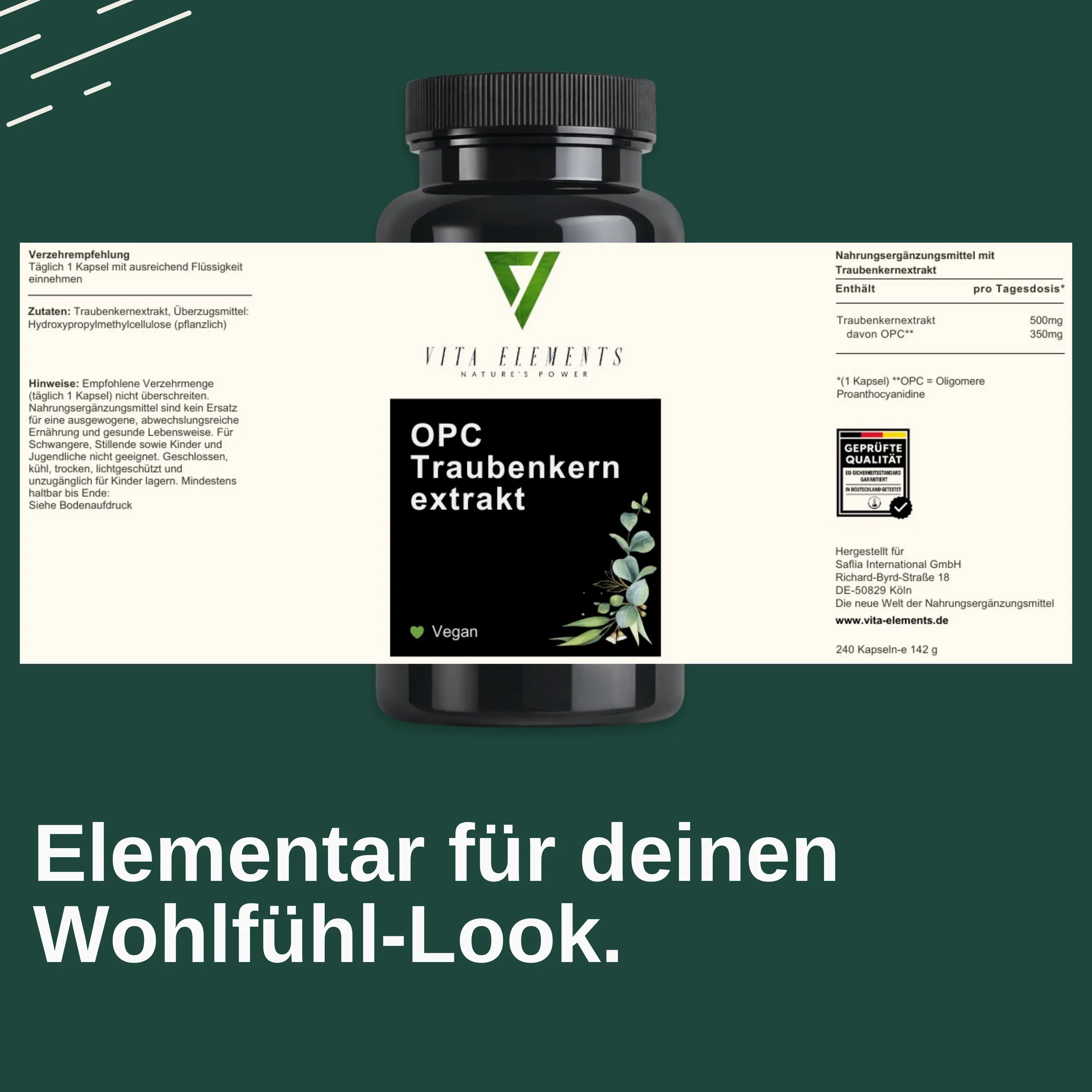 Etikett der Vita Elements OPC Traubenkernextrakt Dose mit Nährwertangaben und Siegeln. "Qualität" und "Vegan".