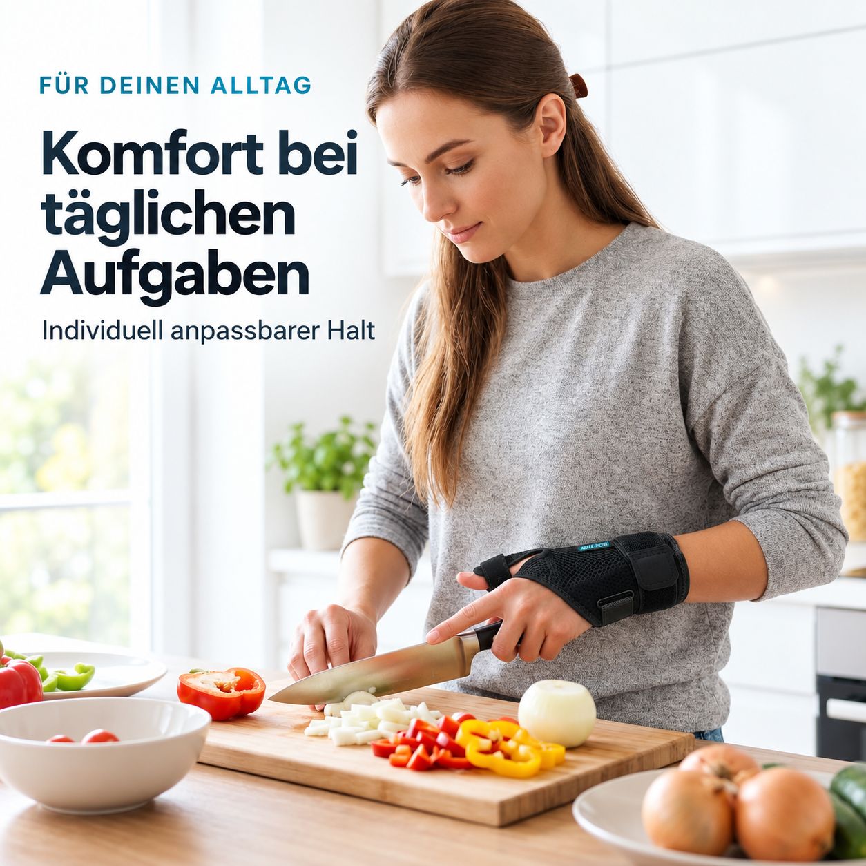Frau in der Küche mit AGILE NOW Daumenbandage, schneidet Gemüse. Individuell anpassbarer Halt für tägliche Aufgaben.