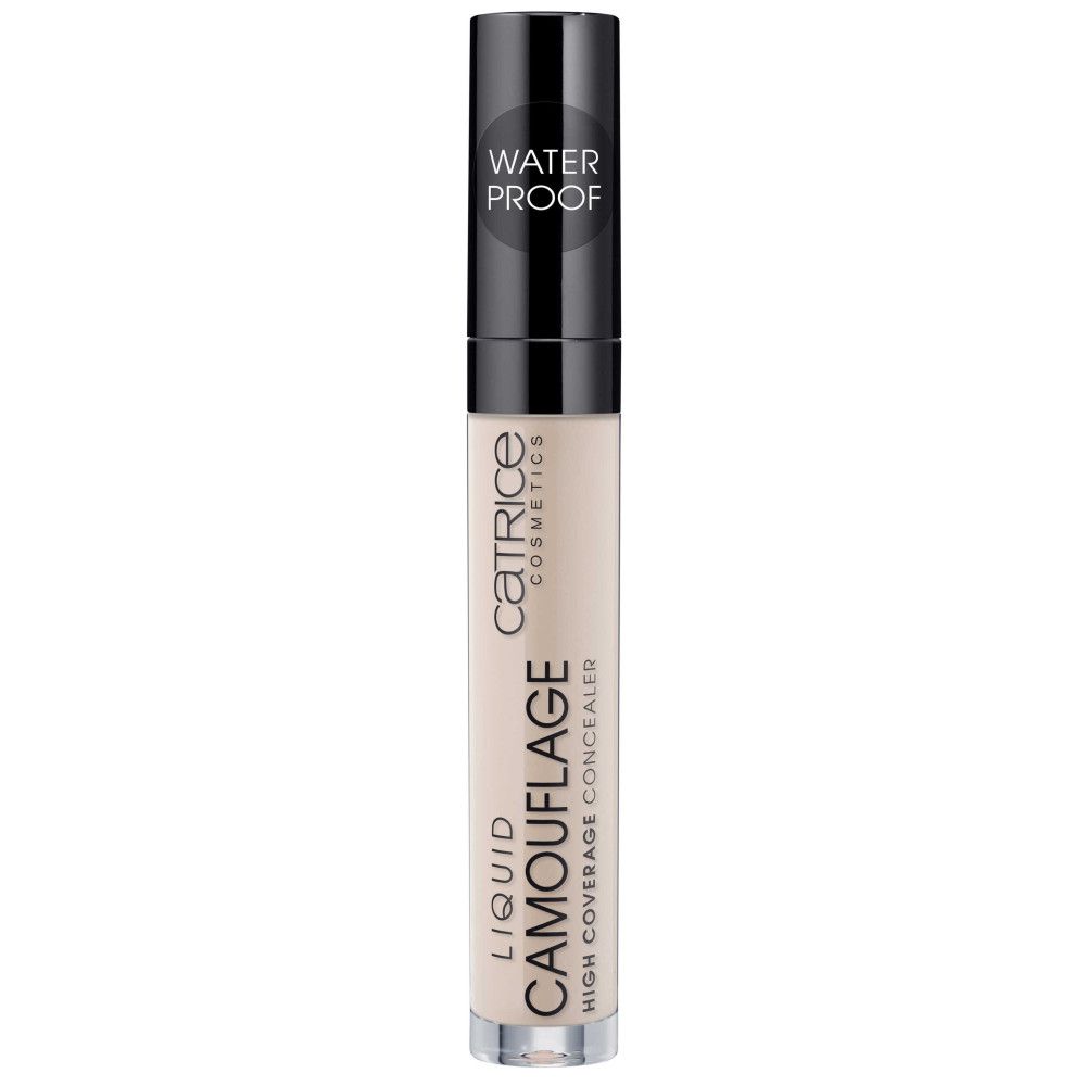 Catrice Camouflage Concealer. Beige Flüssig-Concealer-Tube mit schwarzem Deckel. Aufschrift: WATER PROOF. Marke Catrice.