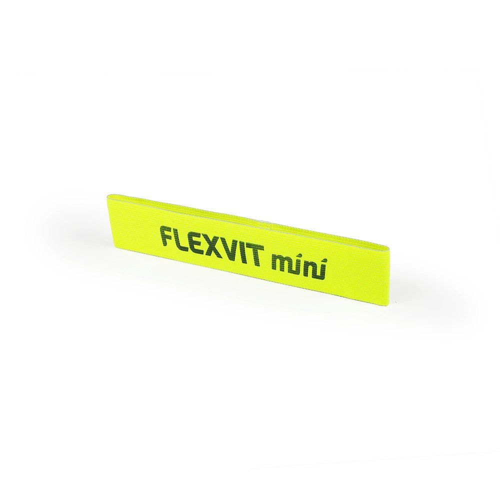 Gelbes FLEXVIT Mini-Band mit schwarzem Schriftzug. Rechteckige Form. Auf weißem Hintergrund.