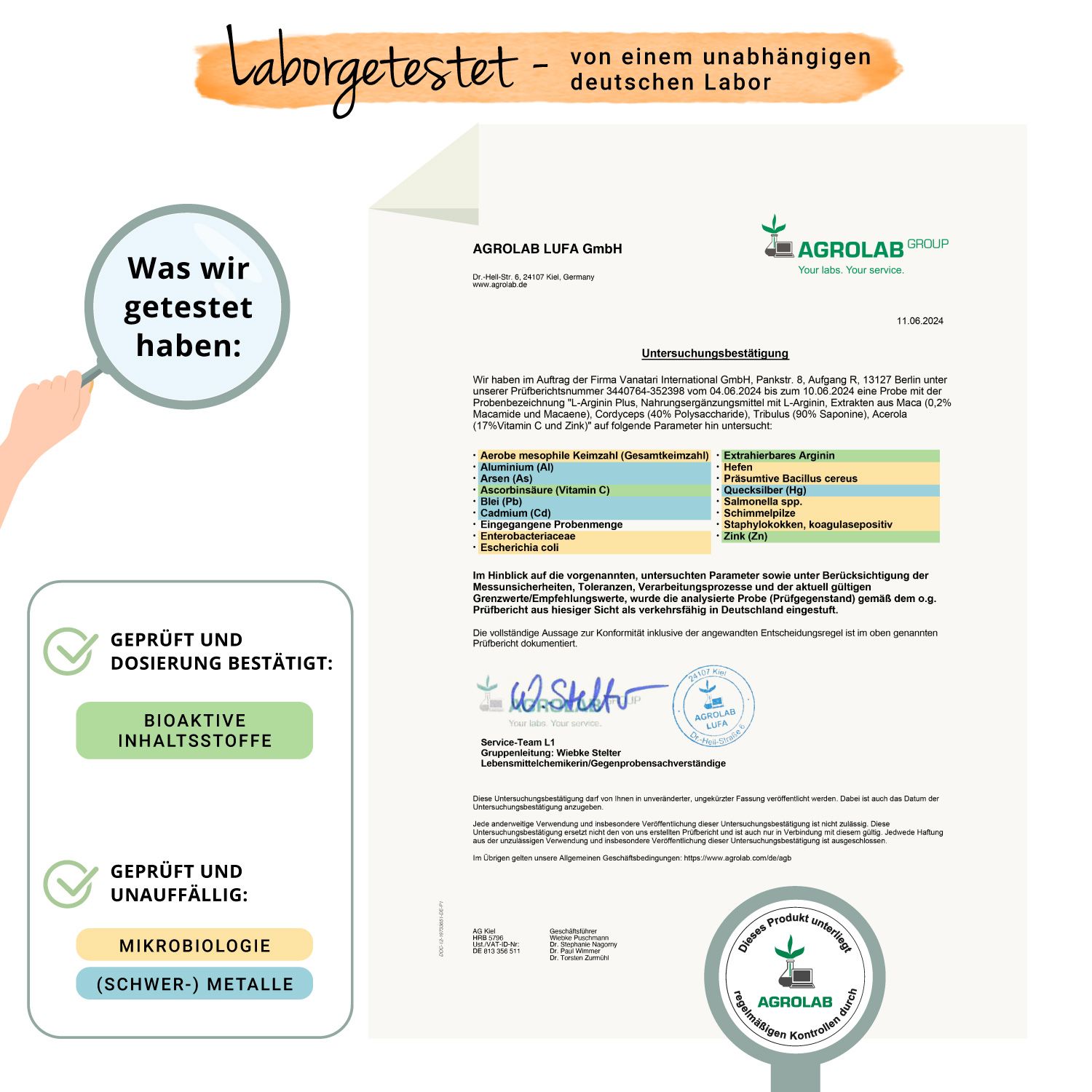 Laborbericht von AGROLAB für VEGAVERO L-Arginin Plus. Bestätigt bioaktive Inhaltsstoffe und Mikrobiologie.
