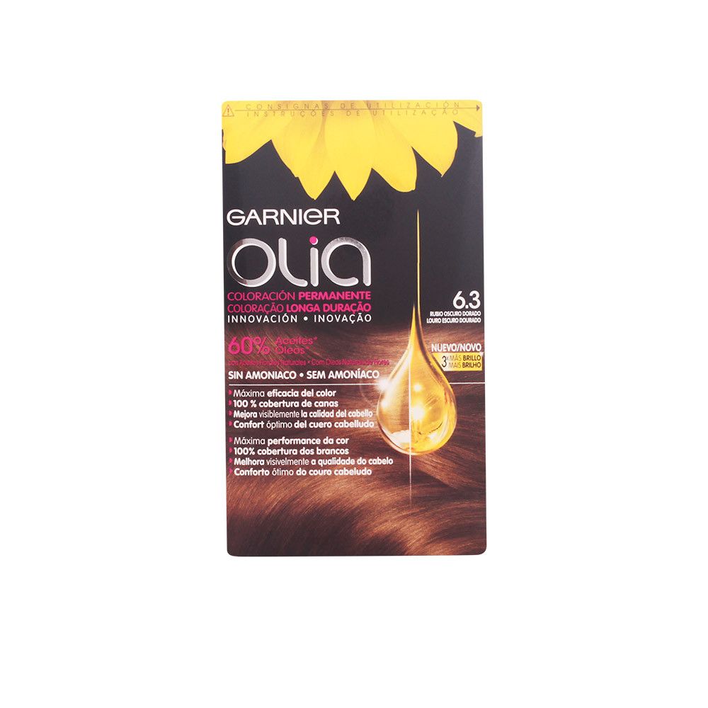 Haarfärbemittel-Verpackung. Garnier Olia, permanente Coloration, 6.3. Ohne Ammoniak. Mit Sonnenblumen-Design.