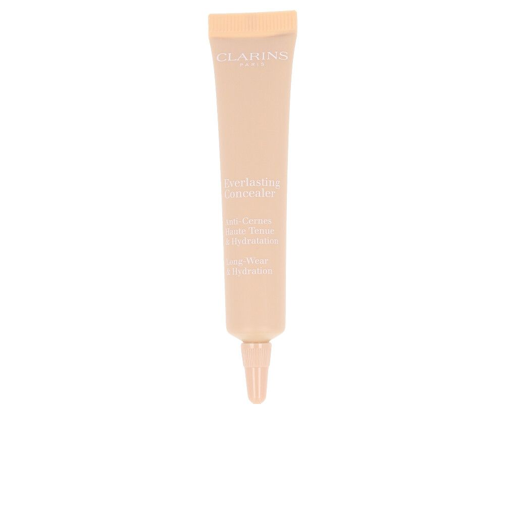 Concealer-Tube, hellbeige. Marke CLARINS. Text: Everlasting Concealer, Anti-Cernes Haute Tenue & Hydratation, Long-Wear & Hydratation.