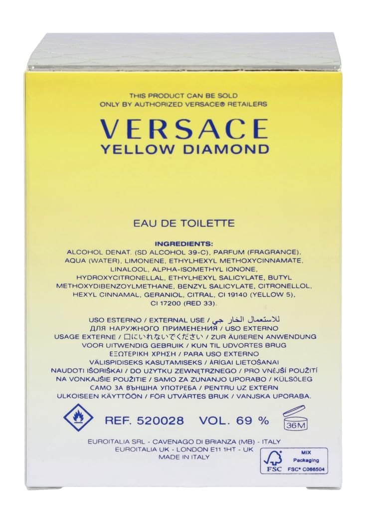 Rückseite der Versace Yellow Diamond Eau de Toilette Verpackung. Inhaltsstoffe, Warnhinweise, Herstellerinformationen.