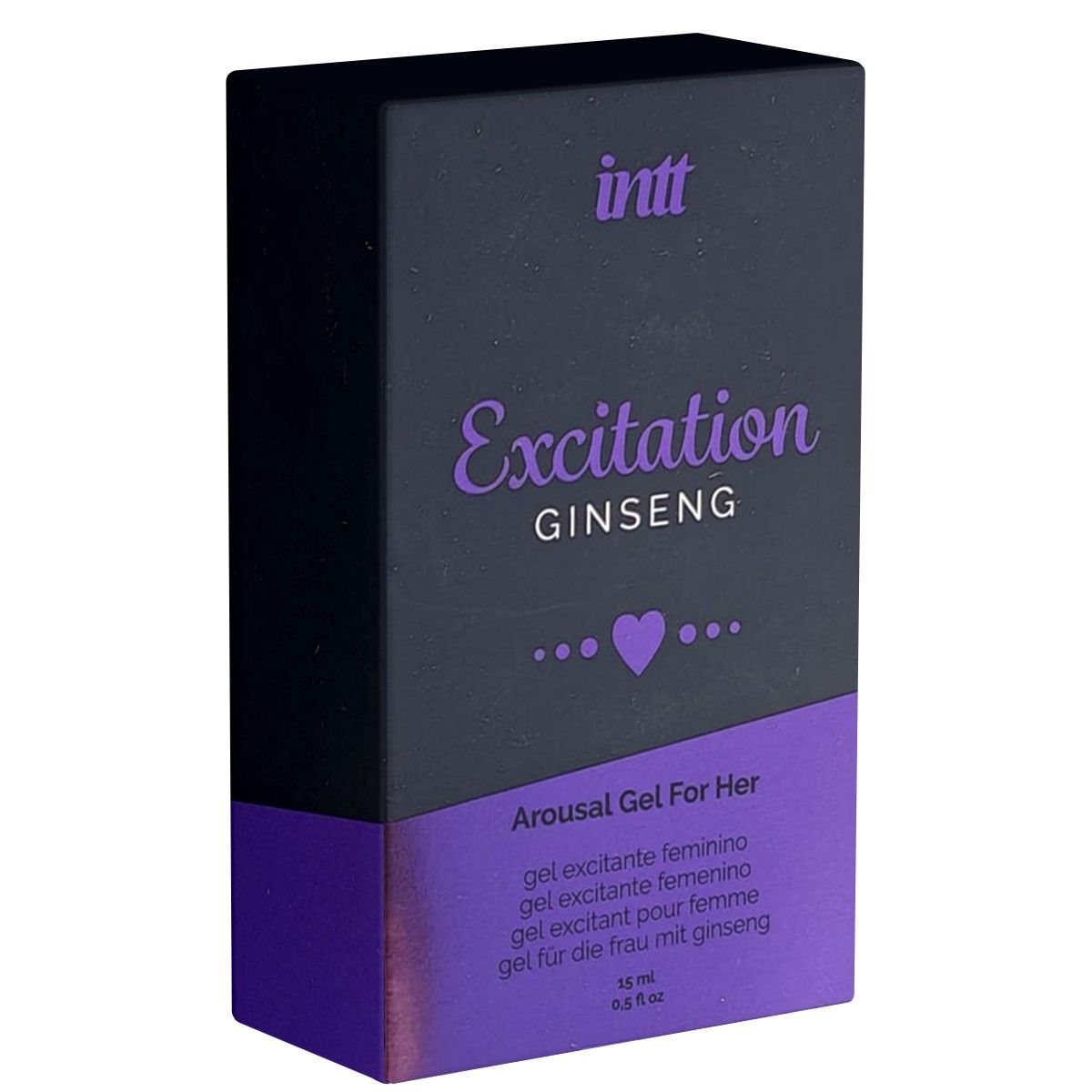 Schwarze Verpackung mit lila Akzenten. Aufschrift: Excitation Ginseng. Text: Arousal Gel For Her. 15 ml.