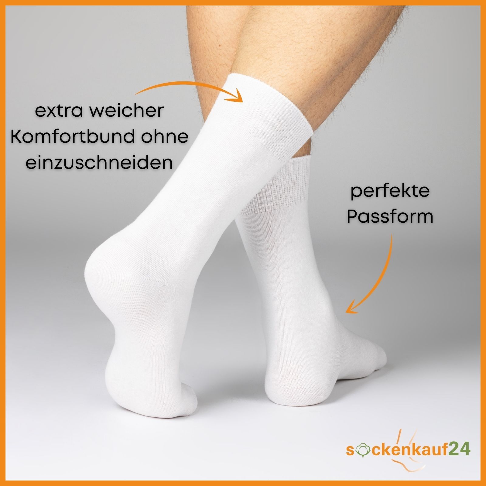 Person trägt weiße Socken. Text: "extra weicher Komfortbund ohne einzuschneiden" und "perfekte Passform".
