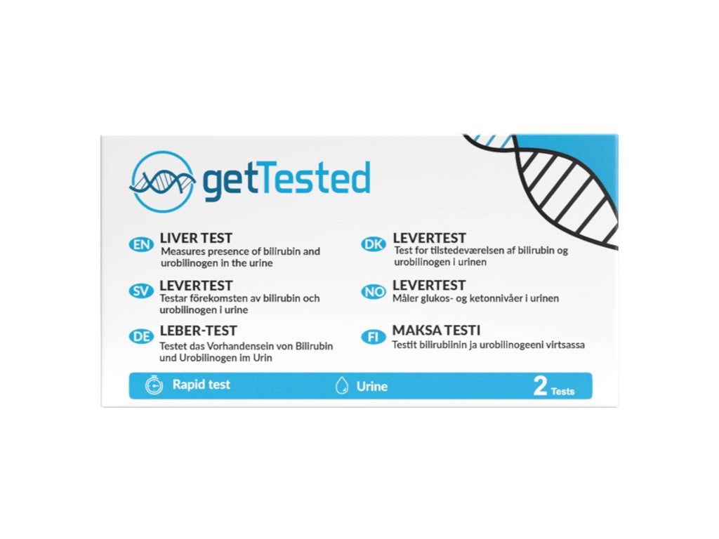 GetTested Lebertest-Packung. Enthält zwei Tests. Aufschrift: Leber-Test, Rapid Test, Urin. Blaue und weiße Verpackung.