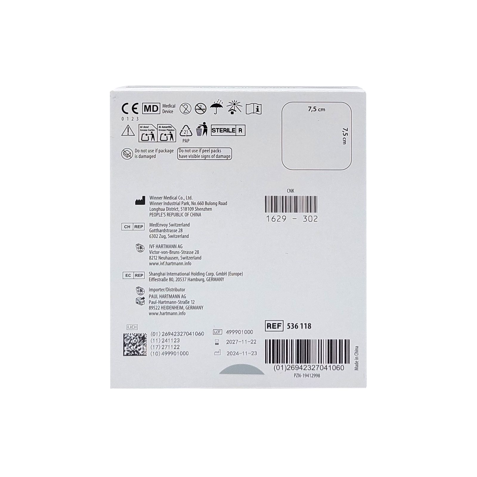 Rückseite der Hydrocoll Classic Thin Verpackung. Enthält Informationen zu Hersteller, Chargennummer, Verfallsdatum und CE-Kennzeichnung.