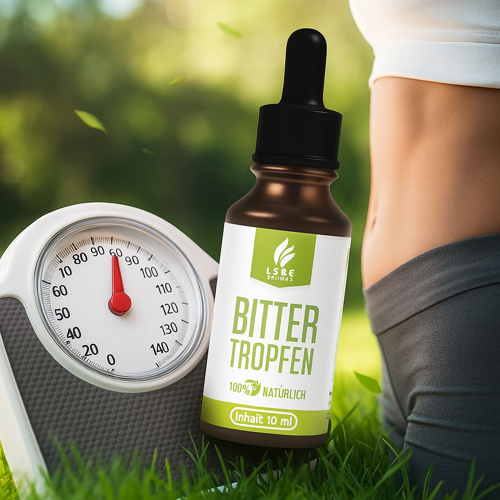 Waage und Flasche "Bitter Tropfen" auf Rasen. Frau im Hintergrund. Grüne Blätter.