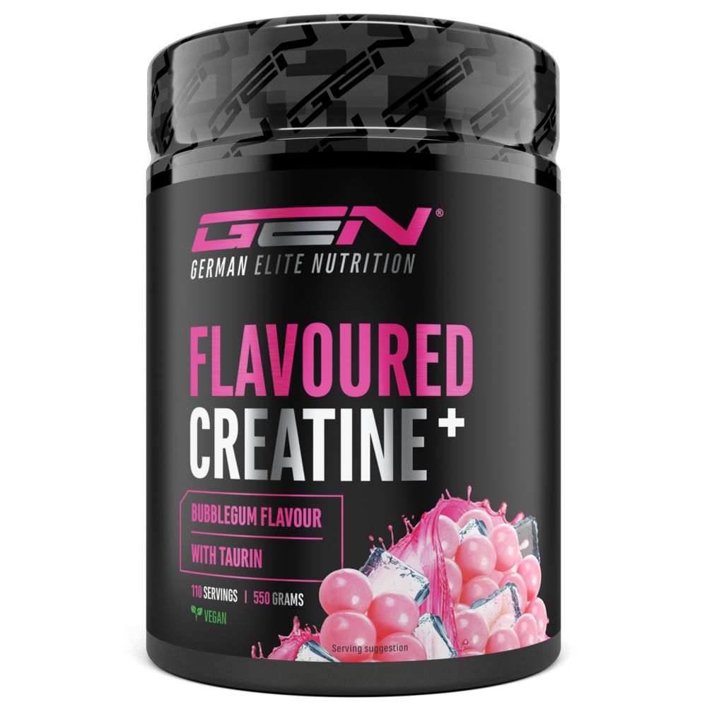 Dose GEN Flavoured Creatine+. Bubblegum-Geschmack, mit Taurin. 110 Portionen, 550 Gramm. Vegan.