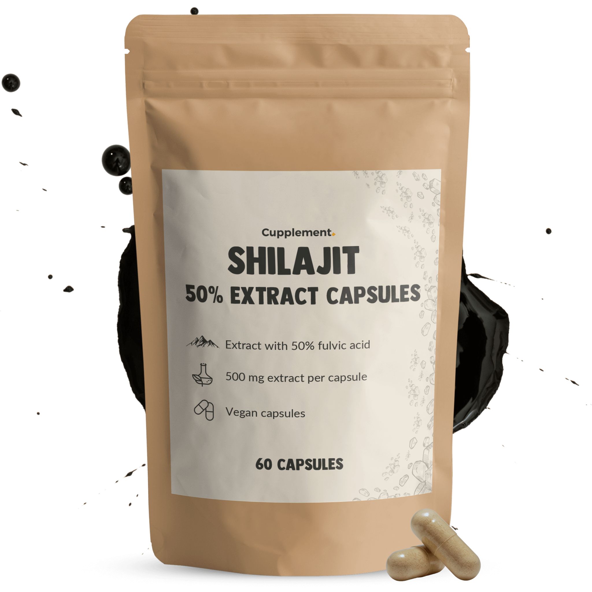Beutel mit Shilajit Extrakt Kapseln. 60 Kapseln, 50% Fulvinsäure. Vegan.