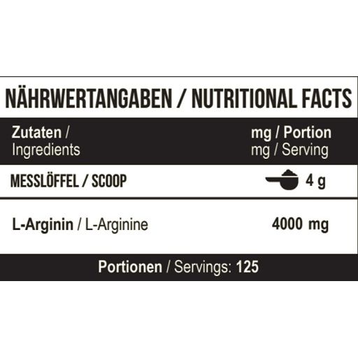 Nährwertangaben auf schwarzem Hintergrund. Enthält Informationen zu L-Arginin und Messlöffel (4 g). 125 Portionen.