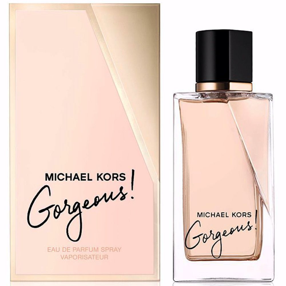 Parfümflasche und Verpackung. Aufschrift: MICHAEL KORS Gorgeous!. Flasche und Verpackung in Rosa- und Goldtönen.