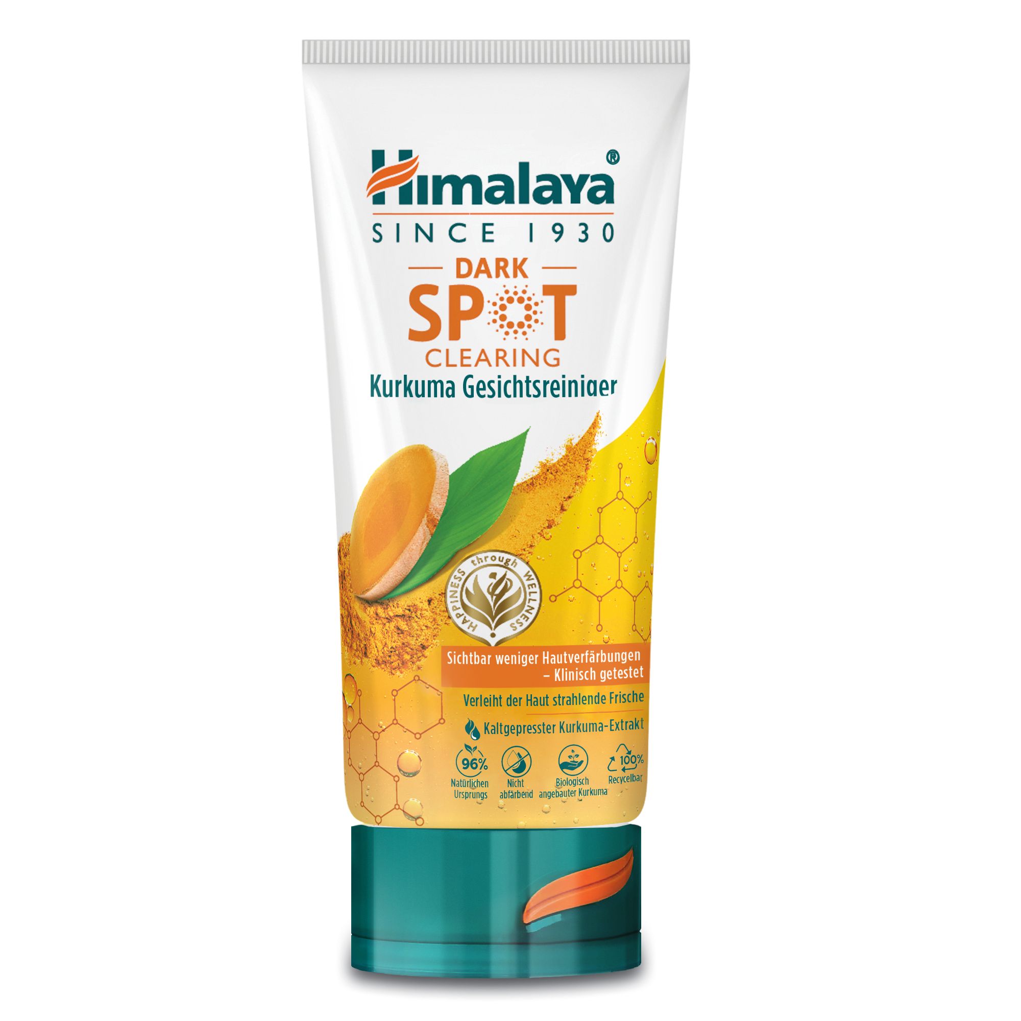 Vorderseite einer Tube Himalaya Dark Spot Clearing Curcuma Gesichtswaschgel mit Kurkuma-Motiv.