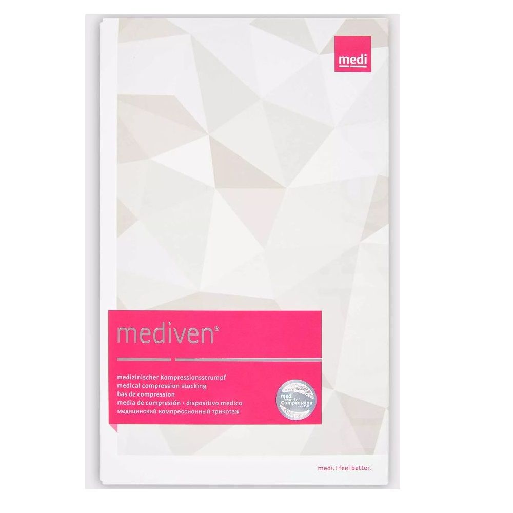 Verpackung der mediven Kompressionsstrumpfhose. Weißer Hintergrund mit rosa Rechteck und Produktbezeichnung. Logo oben rechts.
