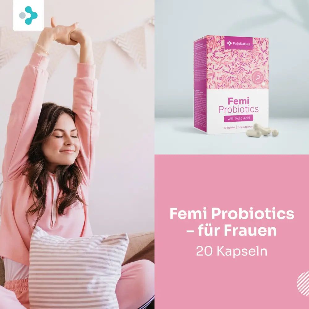 Femi Probiotics - für Frauen. Frau streckt sich. Verpackung und Kapseln.