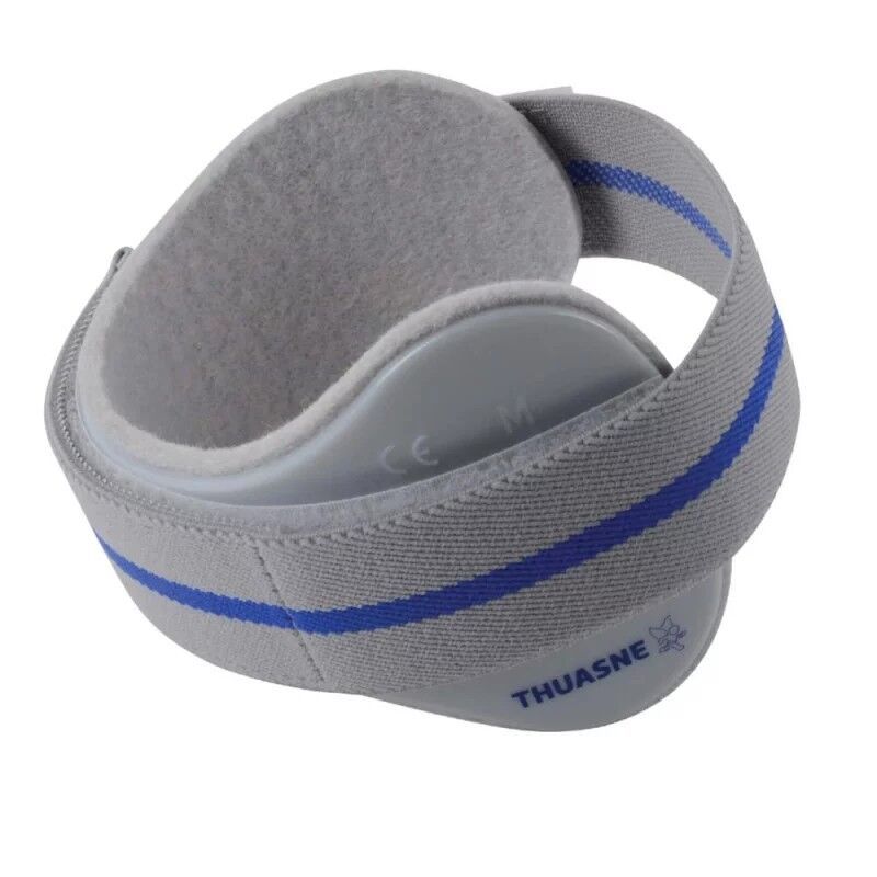 Epicondylitis-Orthese, grau mit blauen Streifen. Klettverschluss und Polsterung. CE-Kennzeichnung und Logo.